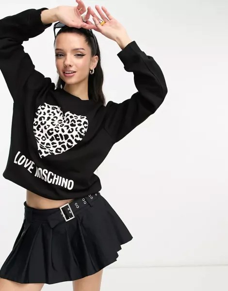 Черный свитшот Love Moschino с леопардовым сердечком