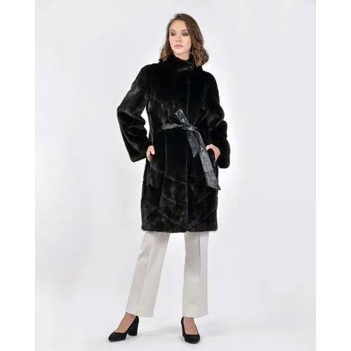 Пальто Manakas Frankfurt, норка, силуэт прямой, пояс/ремень, размер 38, черный