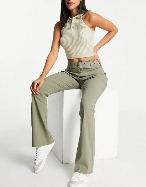Брюки клеш цвета хаки с низкой посадкой и поясом в стиле нулевых ASOS DESIGN-Зеленый цвет