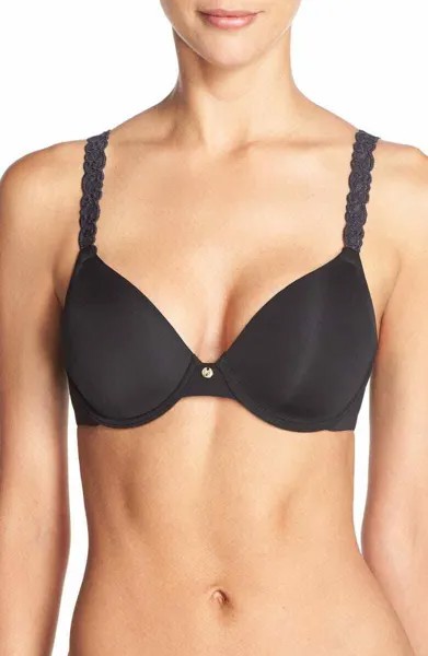 NATORI 732080 Черный бюстгальтер-футболка Pure Luxe Body с двойными косточками и кружевными ремешками 36G