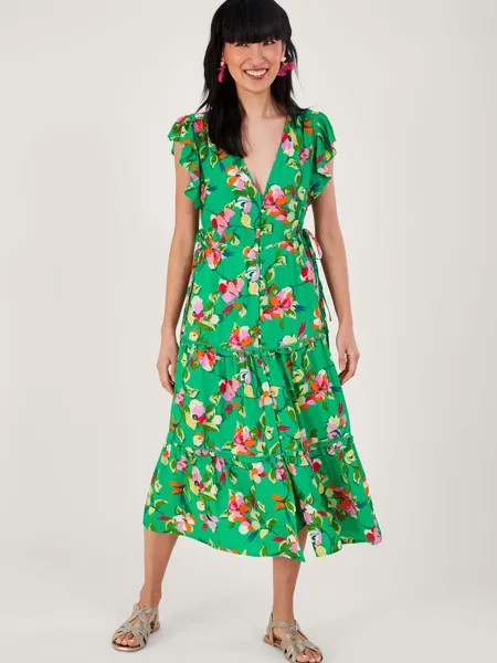 Чайное платье миди с цветочным принтом Monsoon Lilou, Зеленый/Мульти