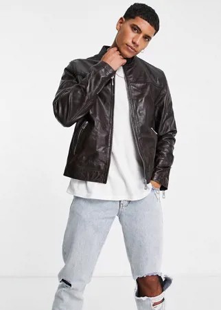 Коричневая кожаная куртка ASOS DESIGN-Коричневый цвет