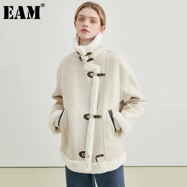 [EAM] Свободная куртка из овечьей шерсти абрикосового цвета, большой размер, теплая куртка, новинка, Женское пальто с отворотом и длинным рука...