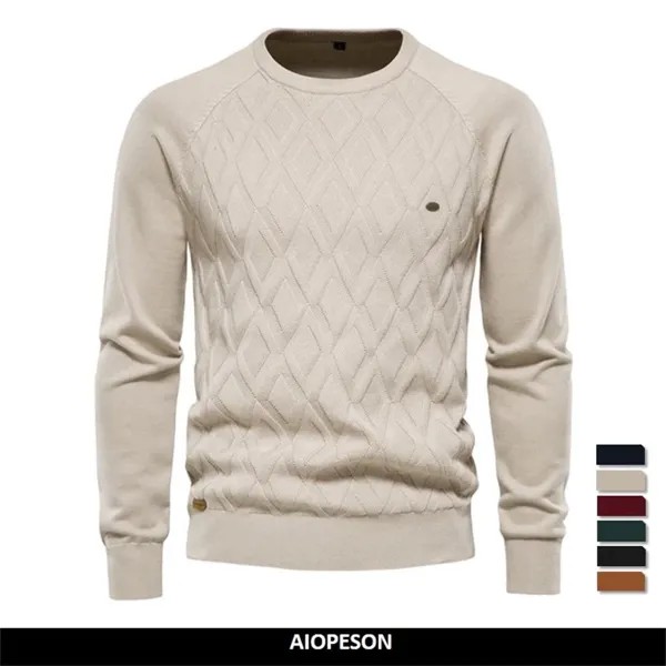AIOPESON Argyle Мужской базовый пуловер Сплошной цвет O-образный вырез Вязаный мужской свитер Зимняя мода Новый трикотаж для мужчин
