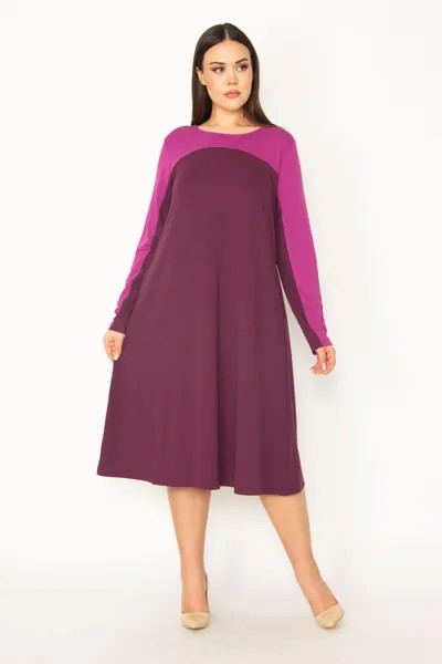 Женский сливовый халат больших размеров и длинное платье с сочетанием цветов с рукавами Şans, фиолетовый
