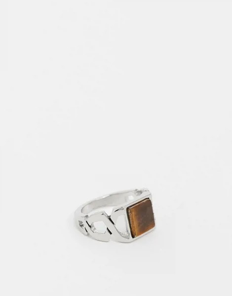 Серебристое кольцо-печатка с камнем 