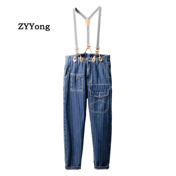 Jiyong Мода Мужские джинсы Bib Комбинезоны Мульти Карман Hip Hop Streetwear голубой нашивки Homme Denim брюки отдыха штанах