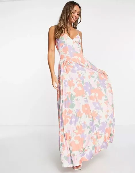Платье макси абрикосового цвета со складками по бокам и цветочным принтом ASOS - MULTI