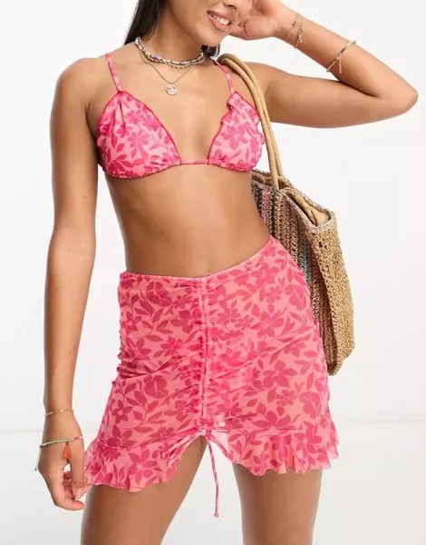 Пляжная юбка для плавания Miss Selfridge с цветочным принтом и рюшами на подоле и со складками