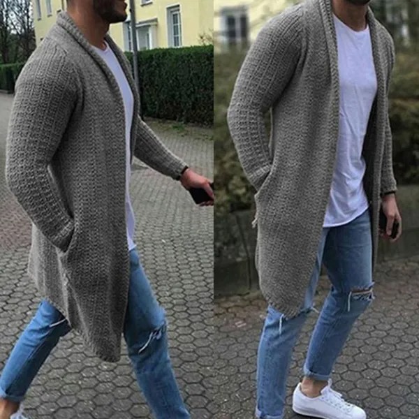 Модный мужской свитер, пальто, вязаный Однотонный свитер с открытой передней частью, Свободный теплый кардиган с карманами, длинная мужская...