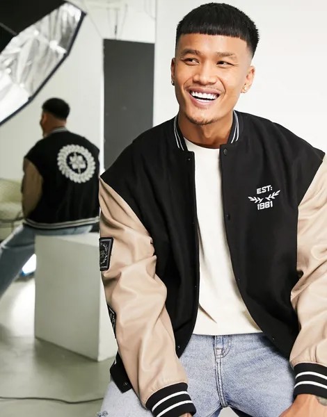 Шерстяная oversized-куртка в университетском стиле с кожаными рукавами черного цвета ASOS DESIGN-Черный