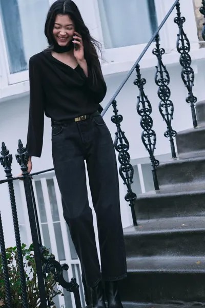 Рубашка-чокер с крепом ZARA, черный