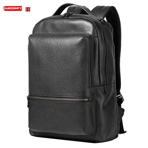 Модный однотонный рюкзак для мужчин, удобный деловой портфель из натуральной кожи для ноутбука, вместительные школьные дорожные сумки