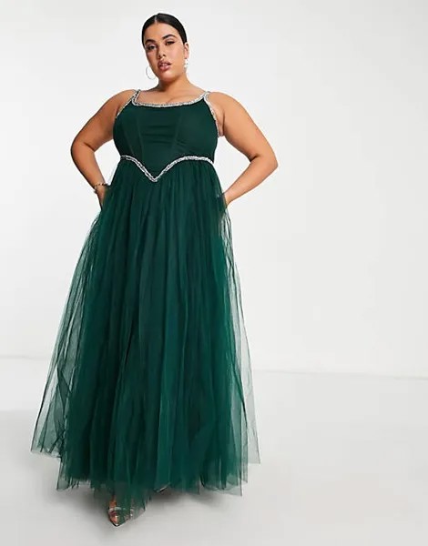 Эксклюзивное изумрудно-зеленое платье макси с корсетом Lace & Beads Plus