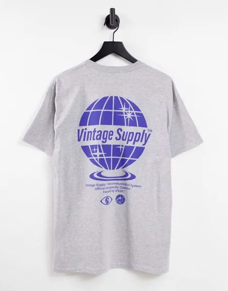 Серая футболка с принтом земного шара с логотипом на спине Vintage Supply-Серый