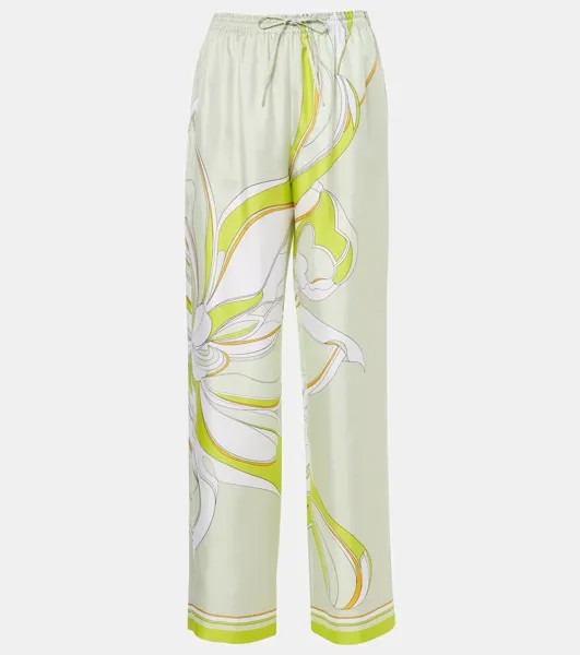 Широкие брюки из шелка с цветочным принтом Tory Burch, цвет chartreuse twisty flower