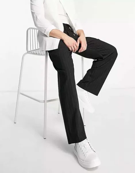 Брюки Pull&Bear Smart Wide Leg Trousers With Pinstripes, черный