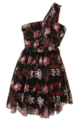 Черное сетчатое платье А-силуэта на одно плечо с разноцветной цветочной вышивкой Bcbgeneration 0
