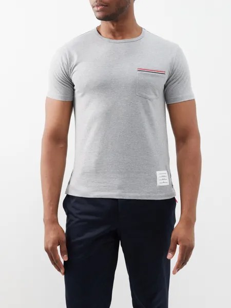 Хлопковая футболка в трехцветную полоску с накладными карманами Thom Browne, серый