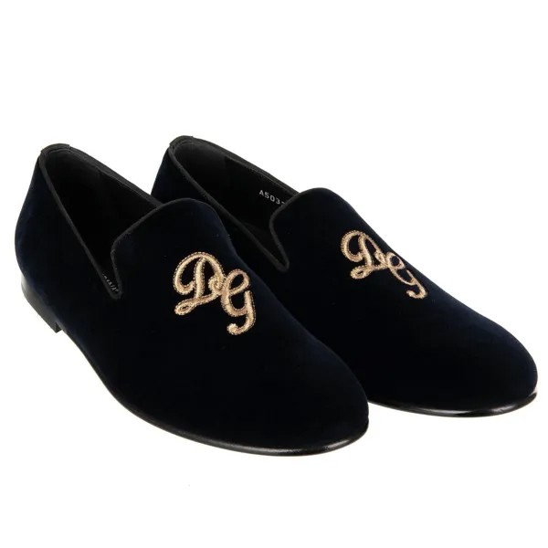 Dolce - Gabbana Бархатные лоферы Амальфи с логотипом Dg Темно-синий Золото 11050