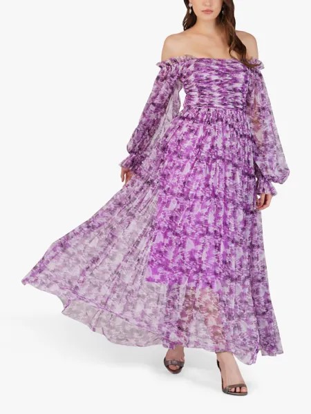 Платье макси с открытыми плечами из кружева и бисера Lana с цветочным принтом, лавандовый