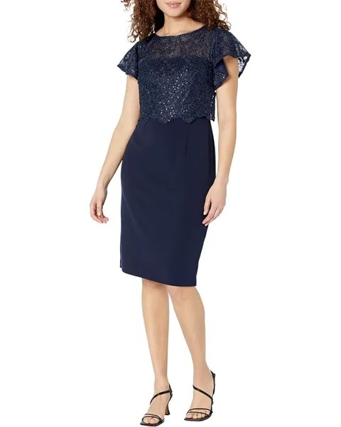 Платье Adrianna Papell Sequin Guipure Lace Popover Top Sheath, темно-синий