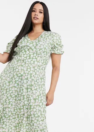 Шалфейно-зеленое платье миди с цветочным принтом Influence Plus-Многоцветный