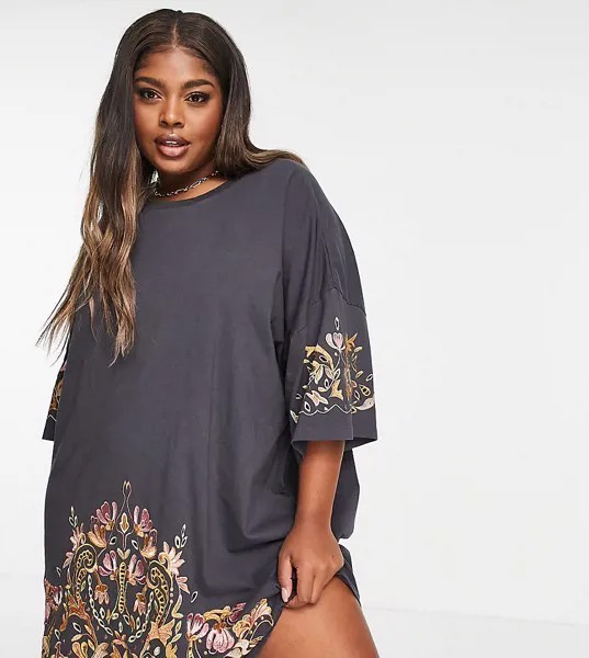 Темно-серое платье-футболка в стиле oversized с золотистой цветочной вышивкой ASOS DESIGN Curve-Серый