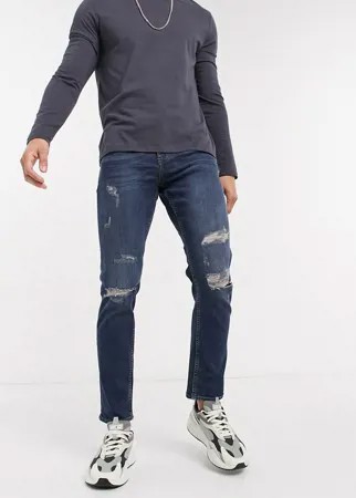 Темно-синие узкие джинсы со рваной отделкой New Look-Голубой