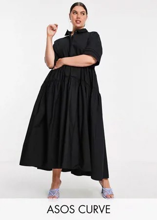 Черное ярусное платье-рубашка в стиле oversized ASOS EDITION Curve-Черный цвет