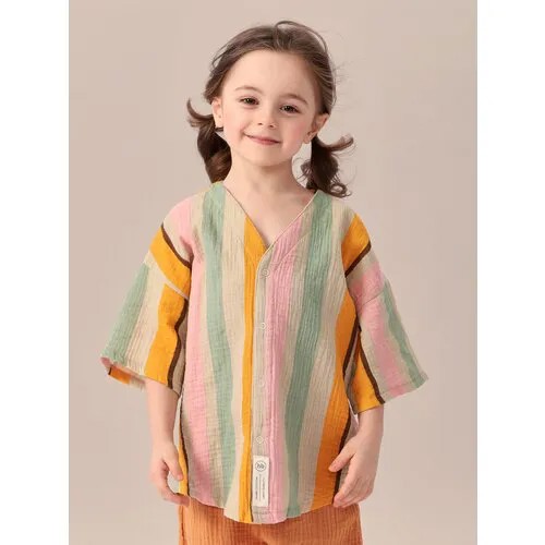 88130, Рубашка детская хлопковая Happy Baby, для девочки и для мальчика, на лето, белая с зеленым орнаментом, размер 86-92