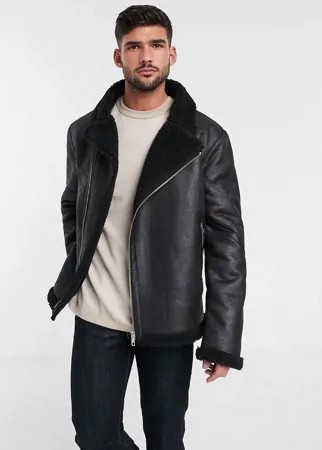 Черная байкерская куртка с подкладкой из искусственного меха ASOS DESIGN-Черный
