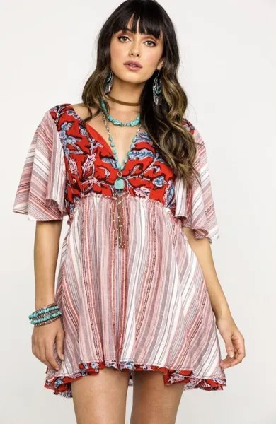 Мини-платье Free People Красное платье Babydoll с распашным низом, туника в полоску с цветочным принтом XS, НОВИНКА