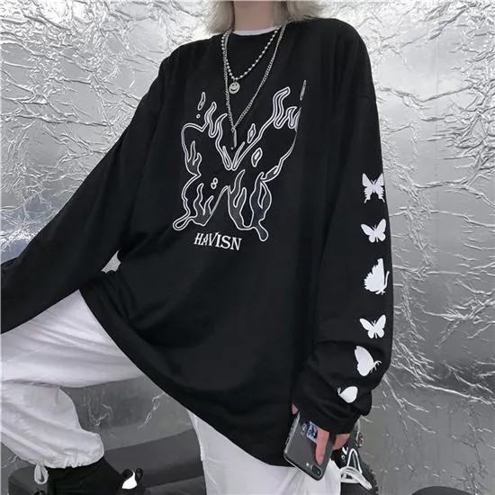 Готическая уличная одежда Бабочка Скелет Пуловер Sweatshirt Top Ulzzang Черепа Печать HipHop Панк Harajuku Случайные Loose женщин Hoodie