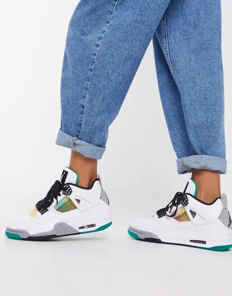 Белые кроссовки с зеленой отделкой Nike Air Jordan 4-Белый