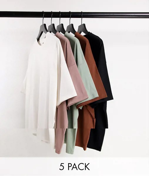 Комплект из 5 oversized-футболок из смесового органического хлопка разных цветов ASOS DESIGN-Разноцветный