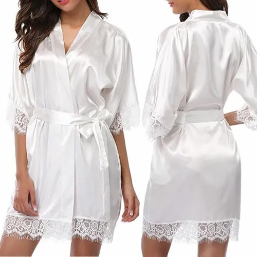 Пижама , пеньюар, на завязках, укороченный рукав, без карманов, пояс, размер 42/44, белый
