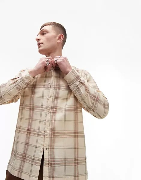 Облегающая рубашка Topman нейтрального цвета с длинными рукавами и разноцветным клетчатым принтом