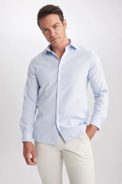 Приталенная хлопковая рубашка с длинными рукавами и текстурированной отделкой DeFacto, синий