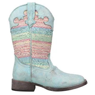 Roper Glitter Lace Square Toe Cowboy Youth Girls Blue Casual Boots 09-018-1903-