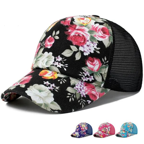 Солнцезащитный крем Роза Цветочный принт Бейсболка Спортивная сетка Шапки Дышащие Повседневные шляпы для гольфа Snapback Hat