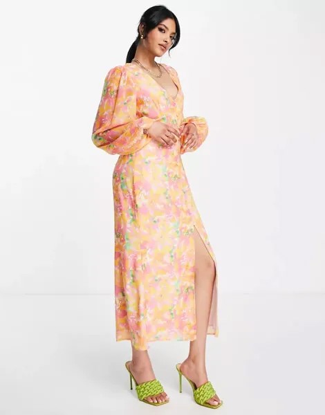 Платье миди довольно пышного розового и оранжевого цвета с абстрактным цветочным принтом и объемными рукавами Pretty Lavish