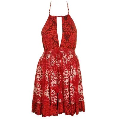 Красное многоцветное пляжное мини-платье с лямкой на шее Free People M