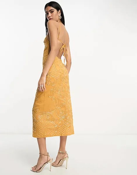 Платье миди горчичного цвета с высоким воротником и зеркальной вышивкой ASOS DESIGN