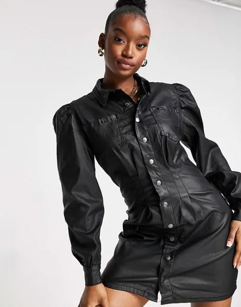 Черное джинсовое платье-рубашка с поясом и защипами на талии Missguided-Черный цвет