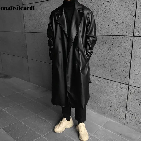 Тренчкот Mauroicardi мужской из искусственной кожи, длинный плащ большого размера, с поясом на плечах, пальто из искусственной кожи, весна-осень 2022