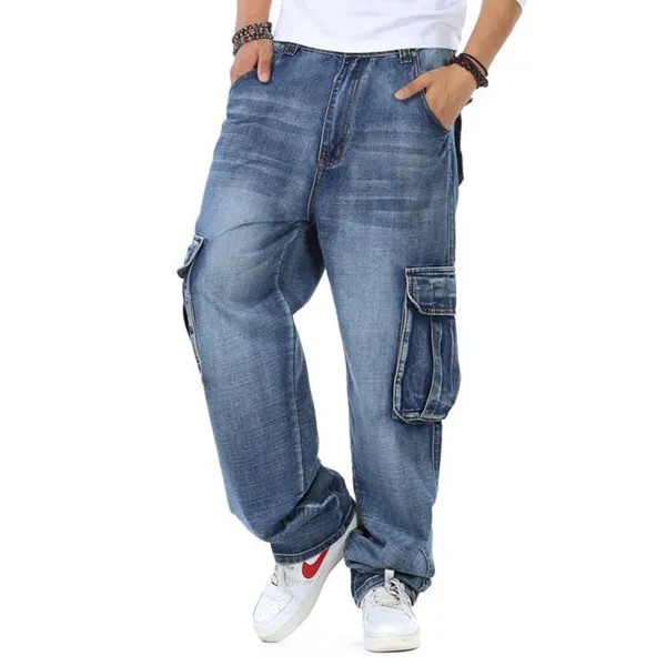 Мужские джинсы с широкими штанинами, синие прямые свободные повседневные уличные джинсы в стиле хип-хоп, модель размера плюс 46