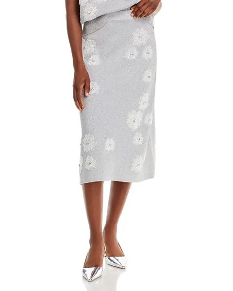 Трикотажная юбка-миди цвета металлик с цветочным принтом и бисером Essentiel Antwerp, цвет White