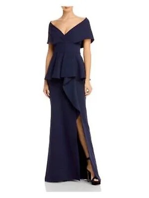 AIDAN MATTOX Женское вечернее платье темно-синего цвета с отложным воротником с баской и разрезом на талии 10