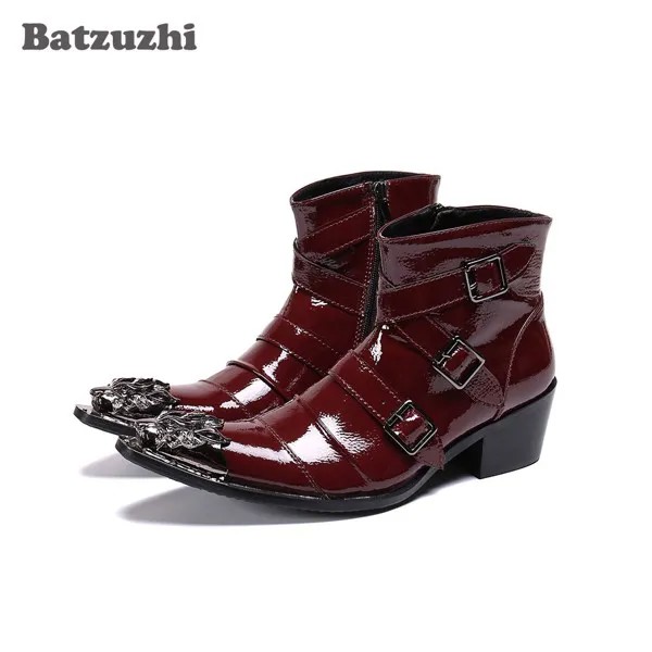 Ботильоны Batzuzhi мужские кожаные, модные байкерские ботинки с острым носком, на каблуке 6,5 см, Цвет черный/винный красный